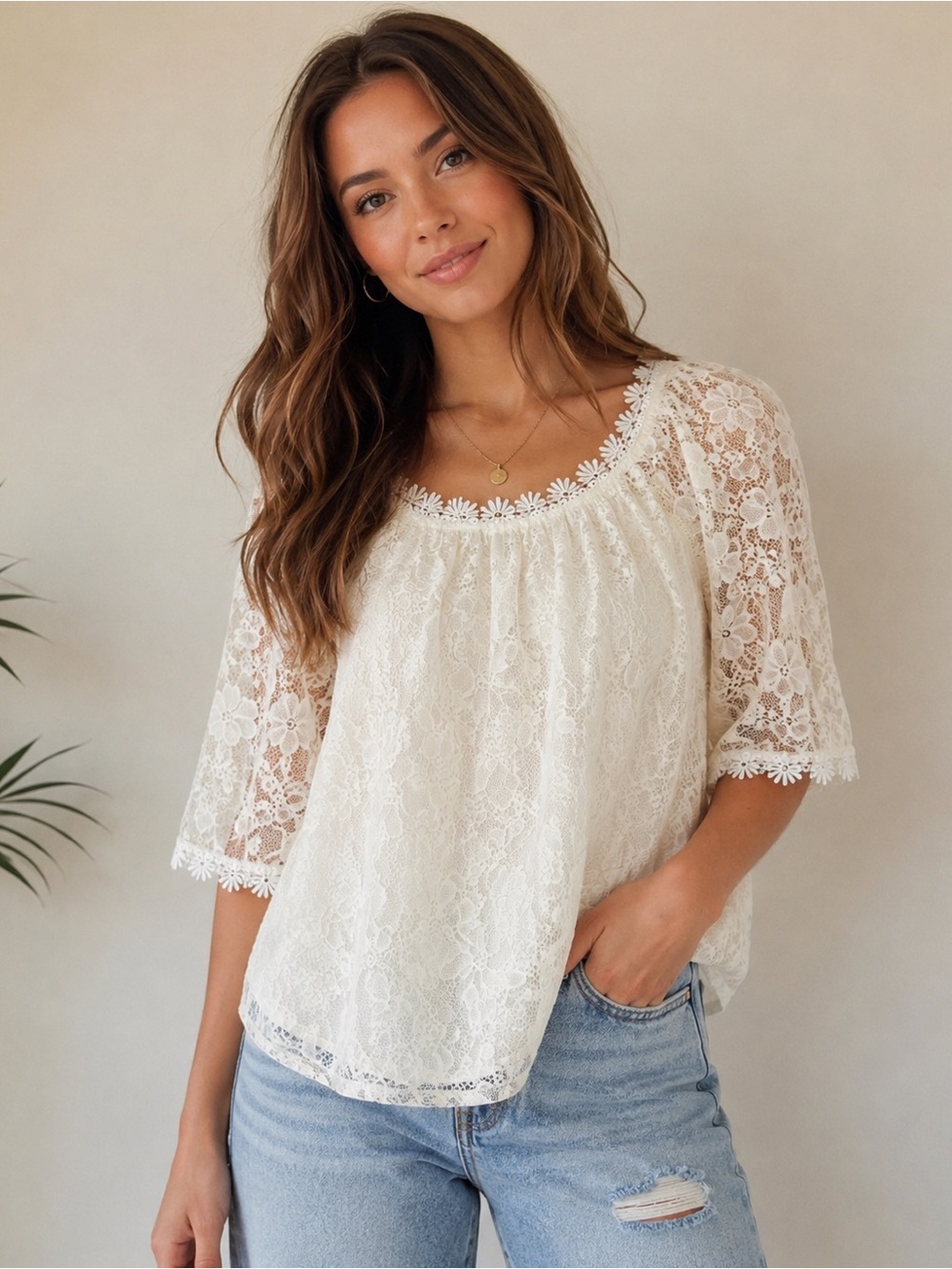 Miholl Ivory Floral Lace Blouse Size Small Boho Cottagecore